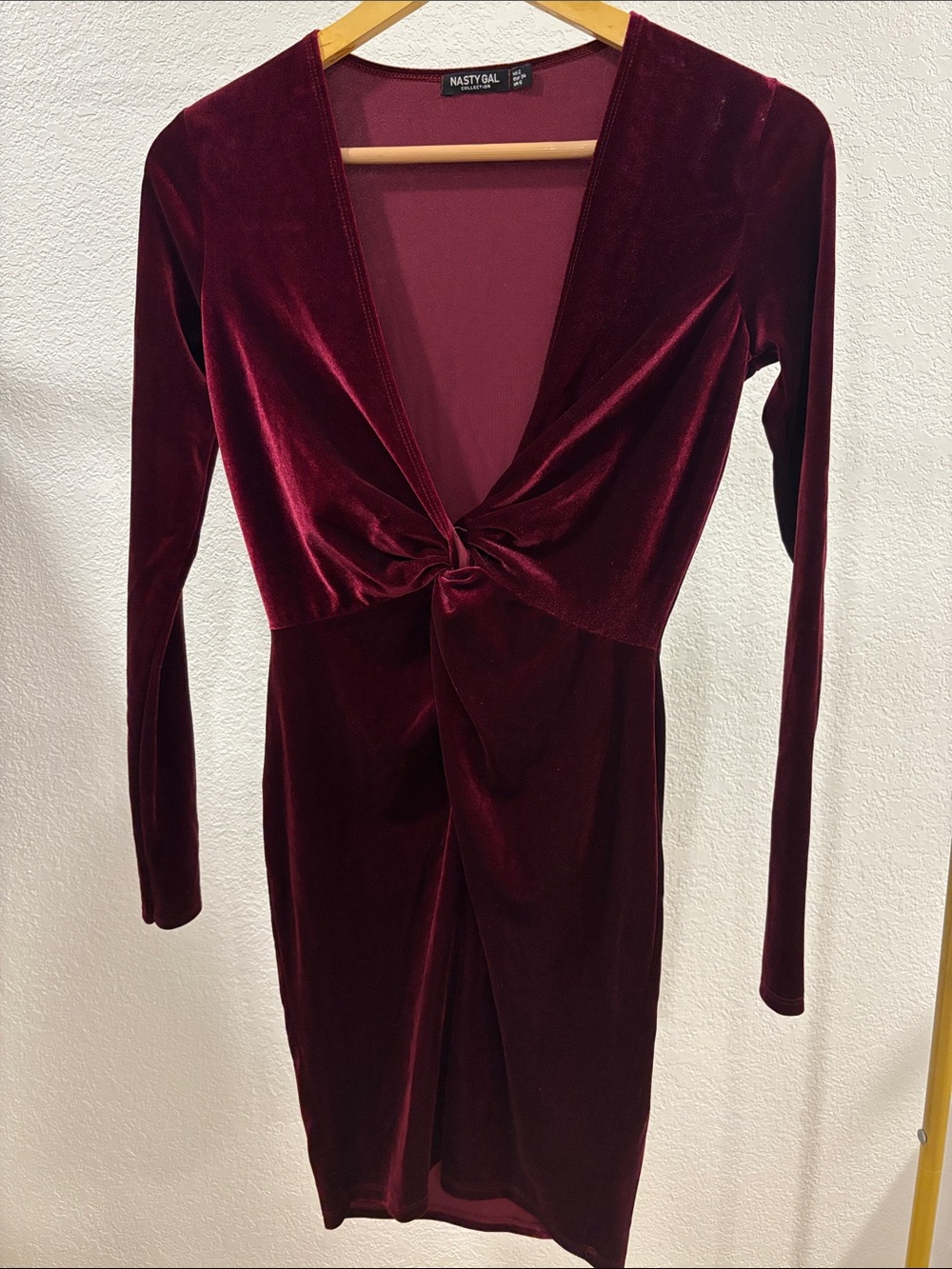 Nasty Gal Deep Wine Velvet Knot-Front Long Sleeve Dress
